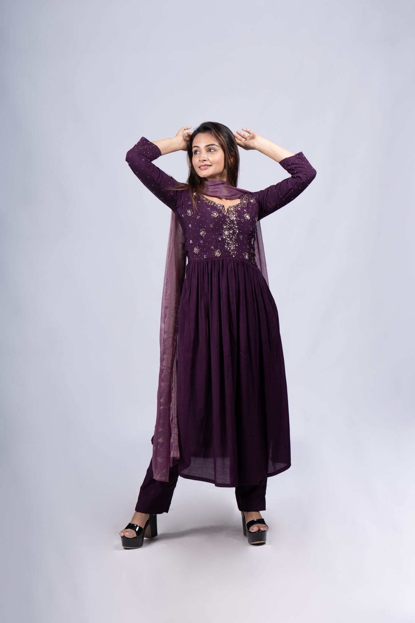 Grape purple shaded Fully stitched party wear Semi tussar salwar set with handworked yoke and sleeve MBS-R125