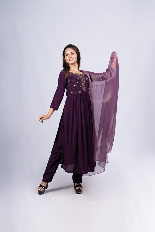 Grape purple shaded Fully stitched party wear Semi tussar salwar set with handworked yoke and sleeve MBS-R125