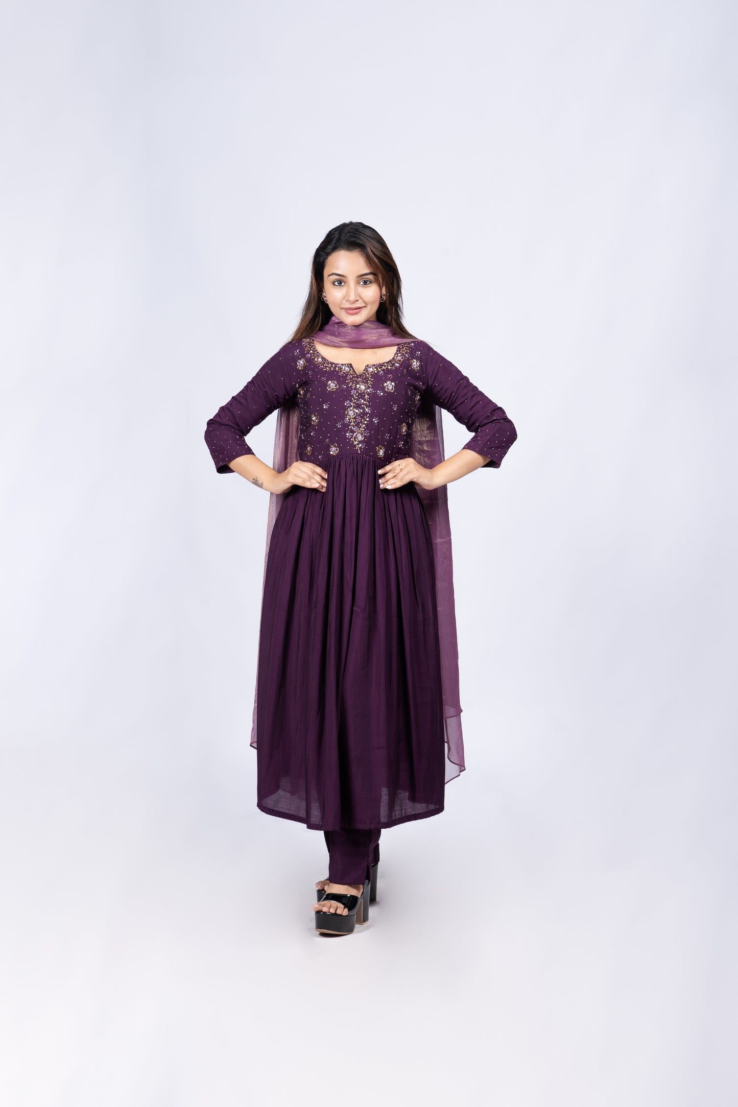 Grape purple shaded Fully stitched party wear Semi tussar salwar set with handworked yoke and sleeve MBS-R125