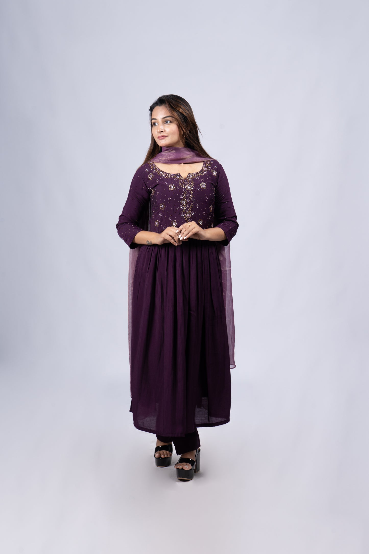 Grape purple shaded Fully stitched party wear Semi tussar salwar set with handworked yoke and sleeve MBS-R125