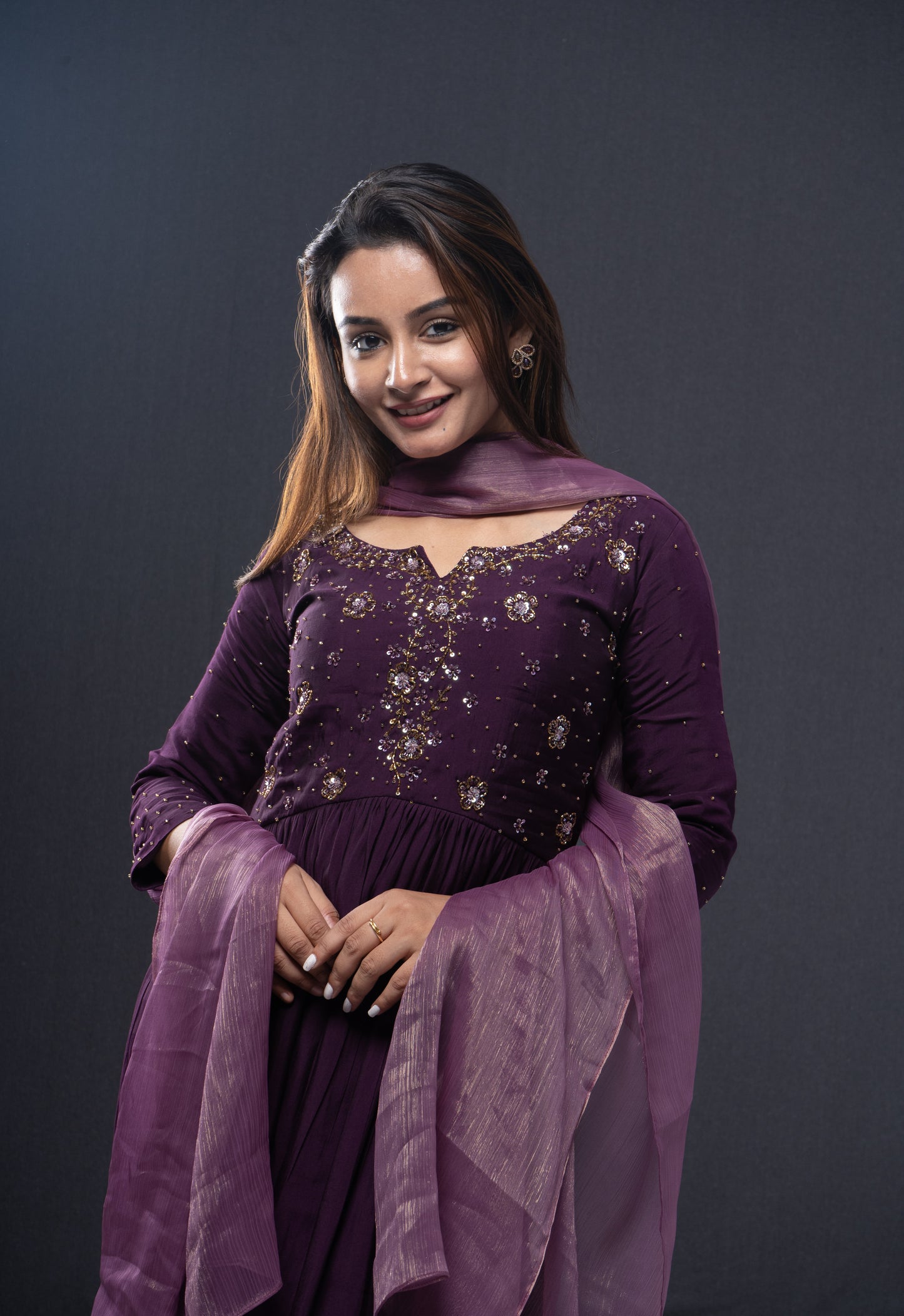 Grape purple shaded Fully stitched party wear Semi tussar salwar set with handworked yoke and sleeve MBS-R125