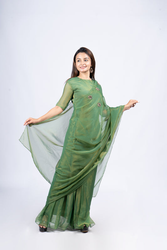 Saree gown in Golden threaded organza with handwork detailing on chest portion  in green shade MBS -R100