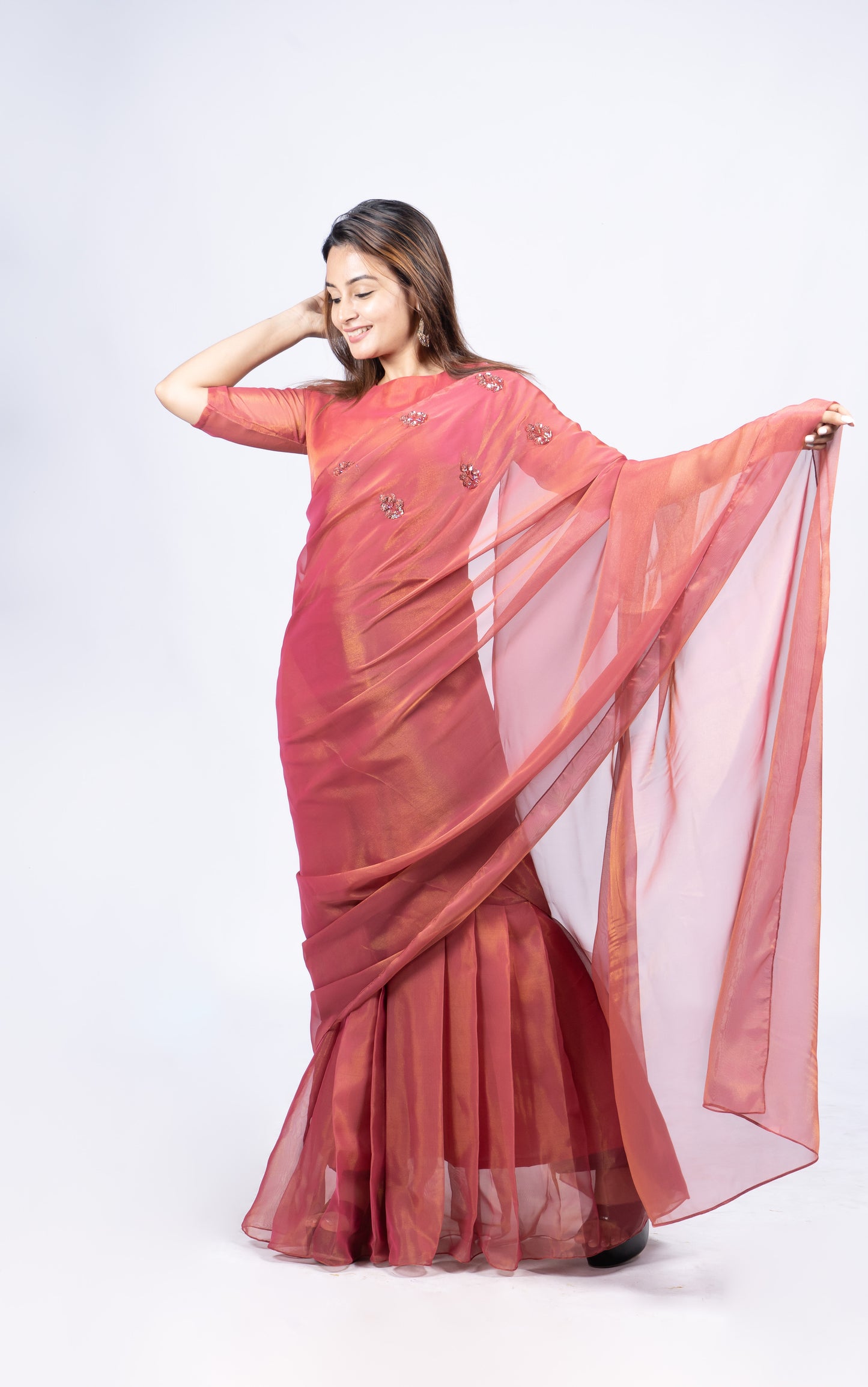 Saree gown in Golden threaded organza with handwork detailing on chest portion in punch pink shade MBS -R100