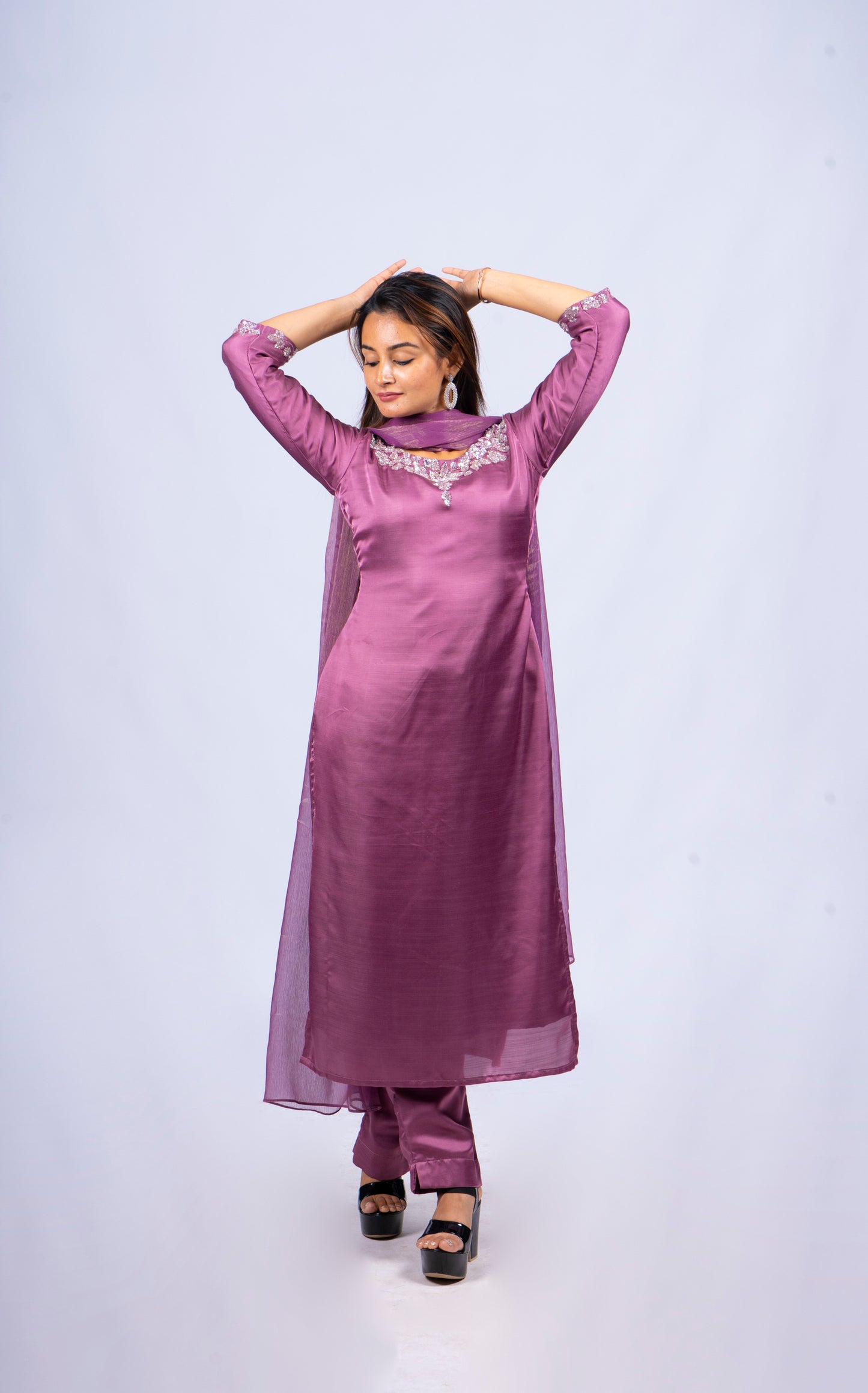 Fully stitched lavender shaded party wear salwar set in Rani silk fabric (Top,Bottom, Dupatta )-MBS-R105
