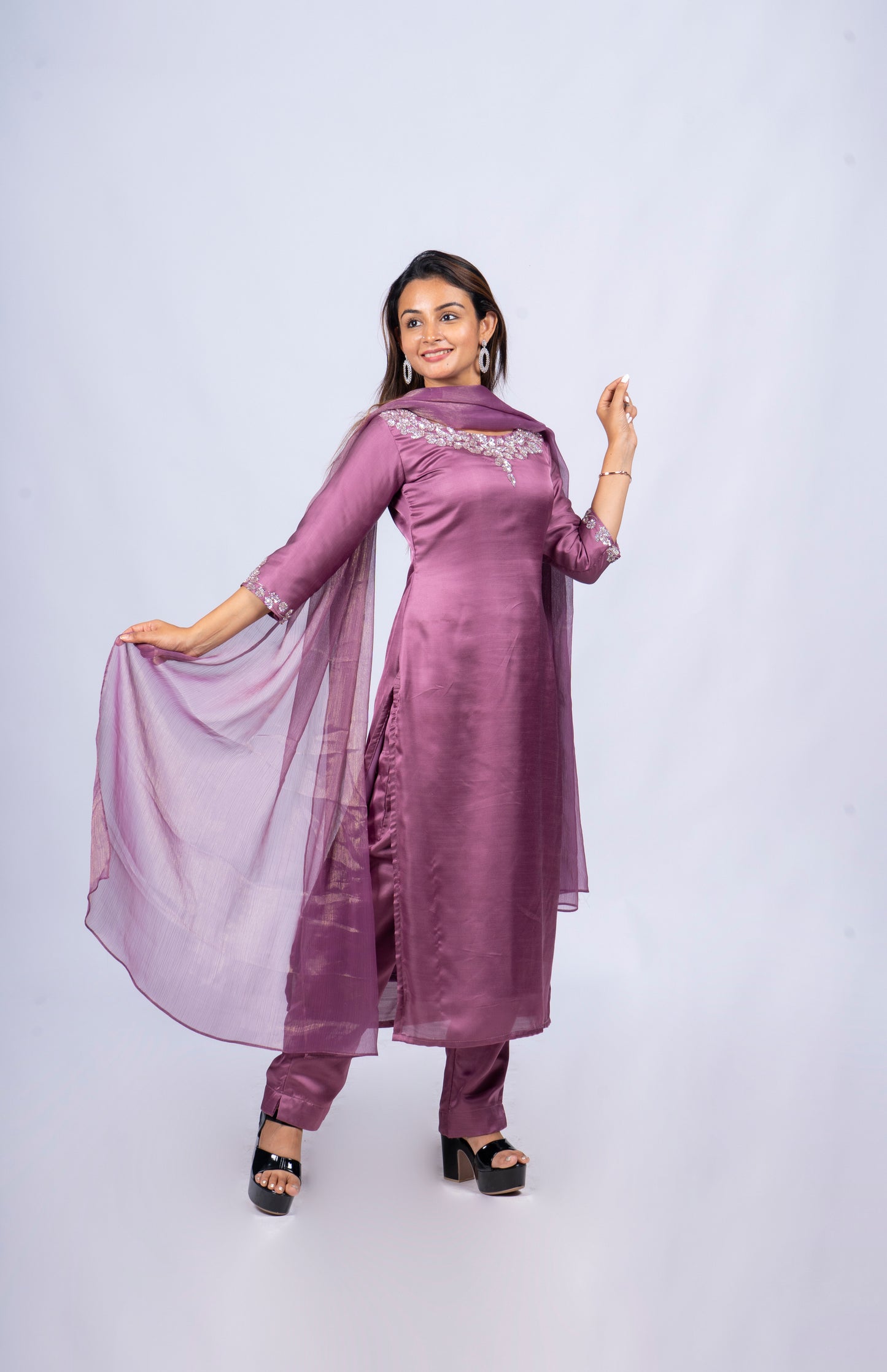 Fully stitched lavender shaded party wear salwar set in Rani silk fabric (Top,Bottom, Dupatta )-MBS-R105