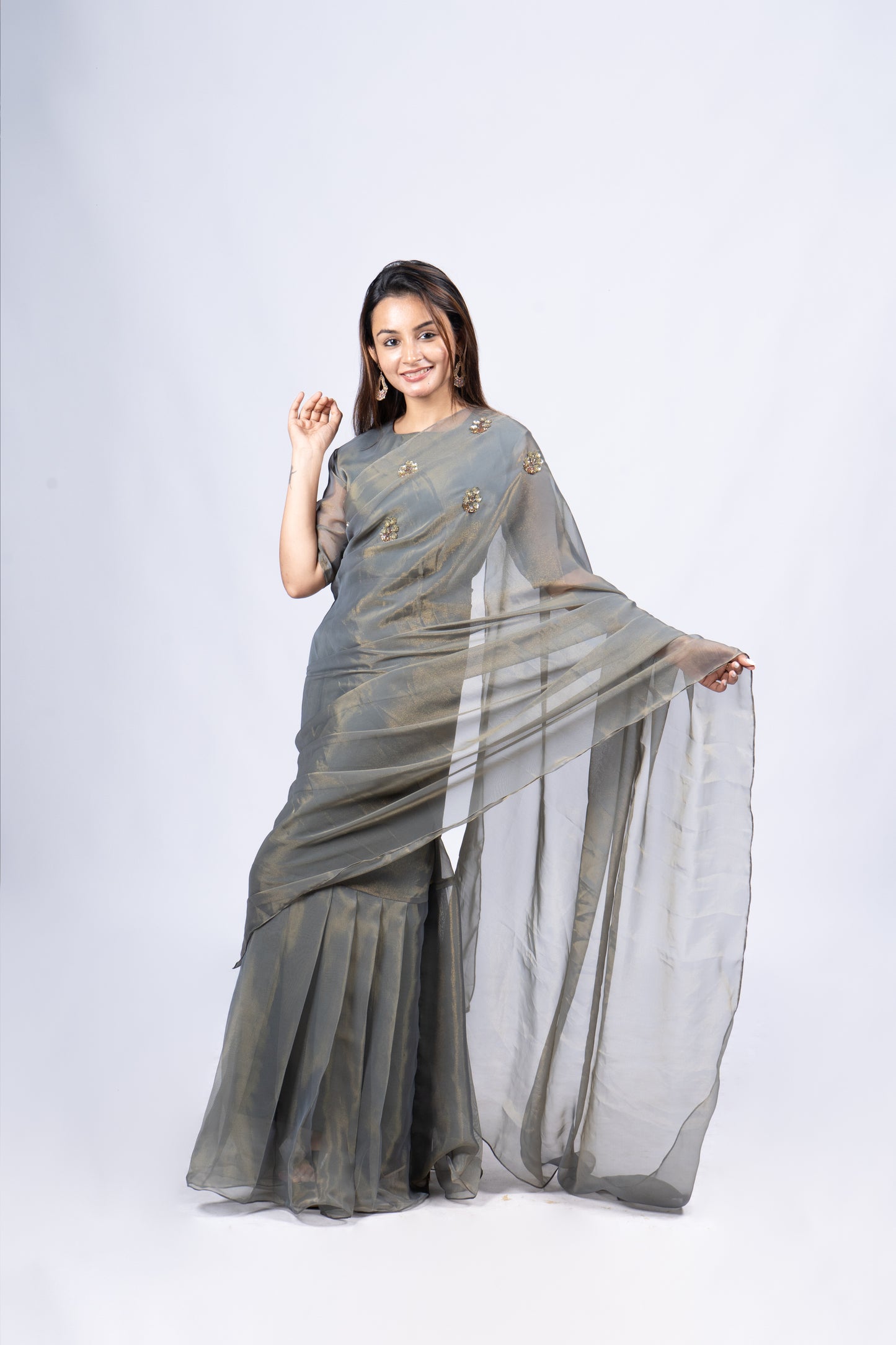 Saree gown in Golden threaded organza with handwork detailing on chest portion  in sage green shade MBS -R100