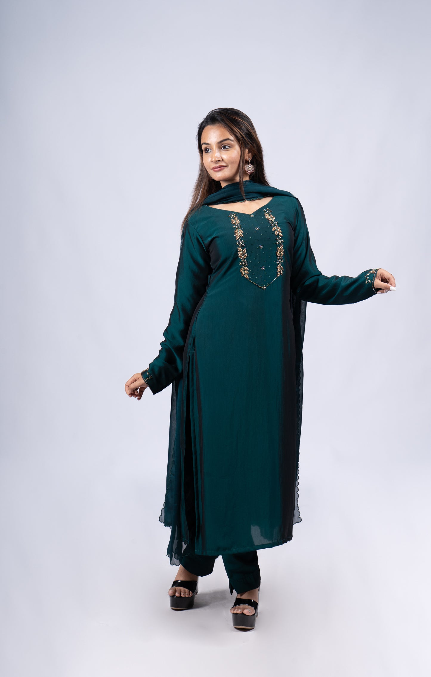 Fully stitched green salwar partywear set in smooth silk fabric detailed with zardosi handwork MBS- R 112