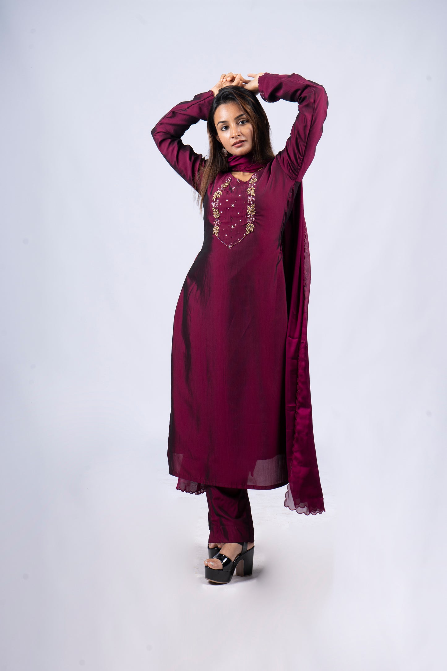 Fully stitched dark  grape salwar partywear set in smooth silk fabric detailed with zardosi handwork MBS- R 113