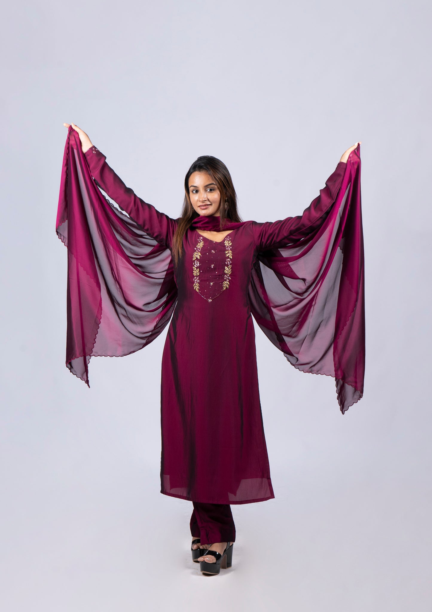 Fully stitched dark  grape salwar partywear set in smooth silk fabric detailed with zardosi handwork MBS- R 113
