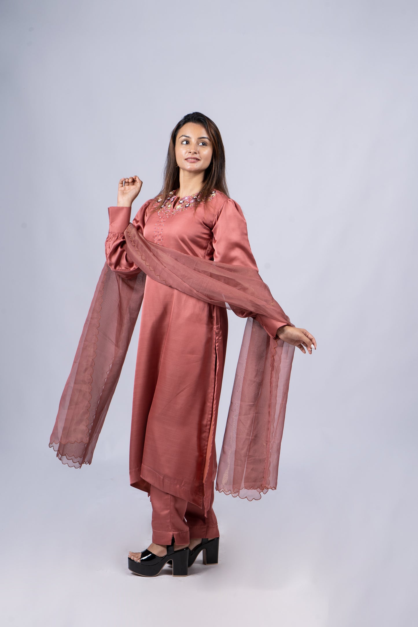 Fully stitched party wear salwar suit in dark peach Rani silk detailed with zardosi handworks MBS- R 117
