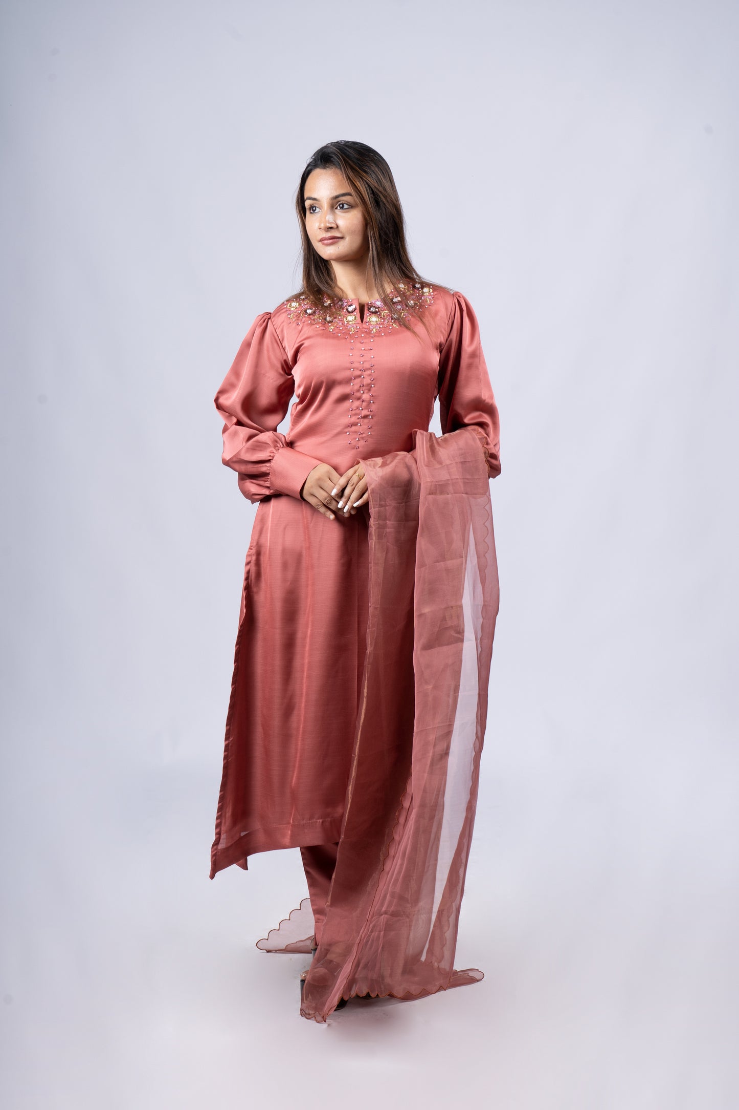 Fully stitched party wear salwar suit in dark peach Rani silk detailed with zardosi handworks MBS- R 117