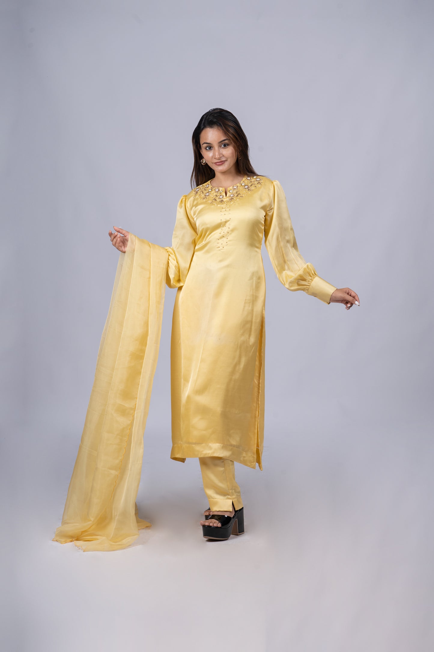 Fully stitched party wear salwar suit in pastel yellow Rani silk detailed with zardosi handworks MBS-R116