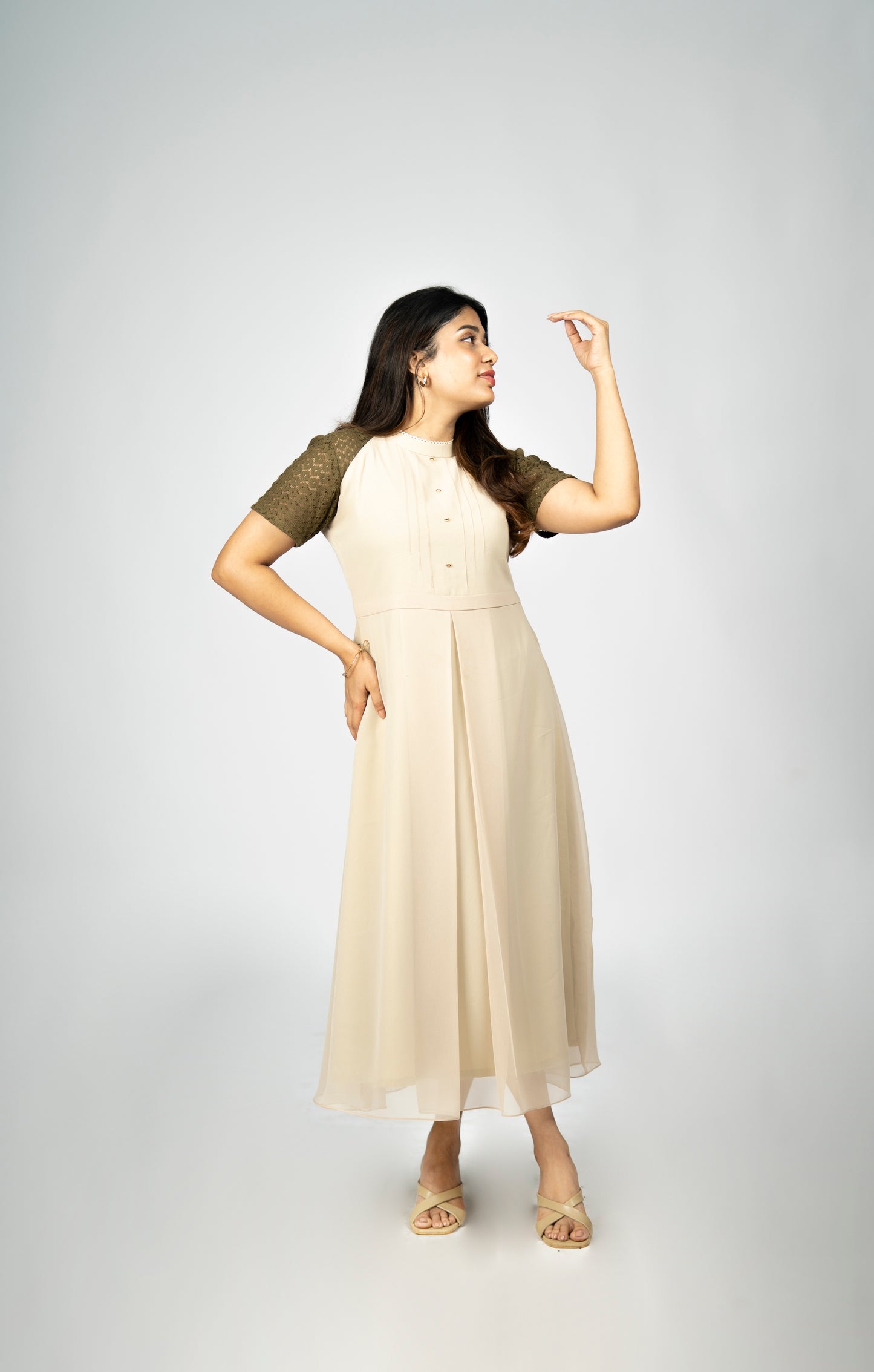 Western georgette dress/kurti in creamish beige shade highlighted with deep olive green lace fabric MBS-R134