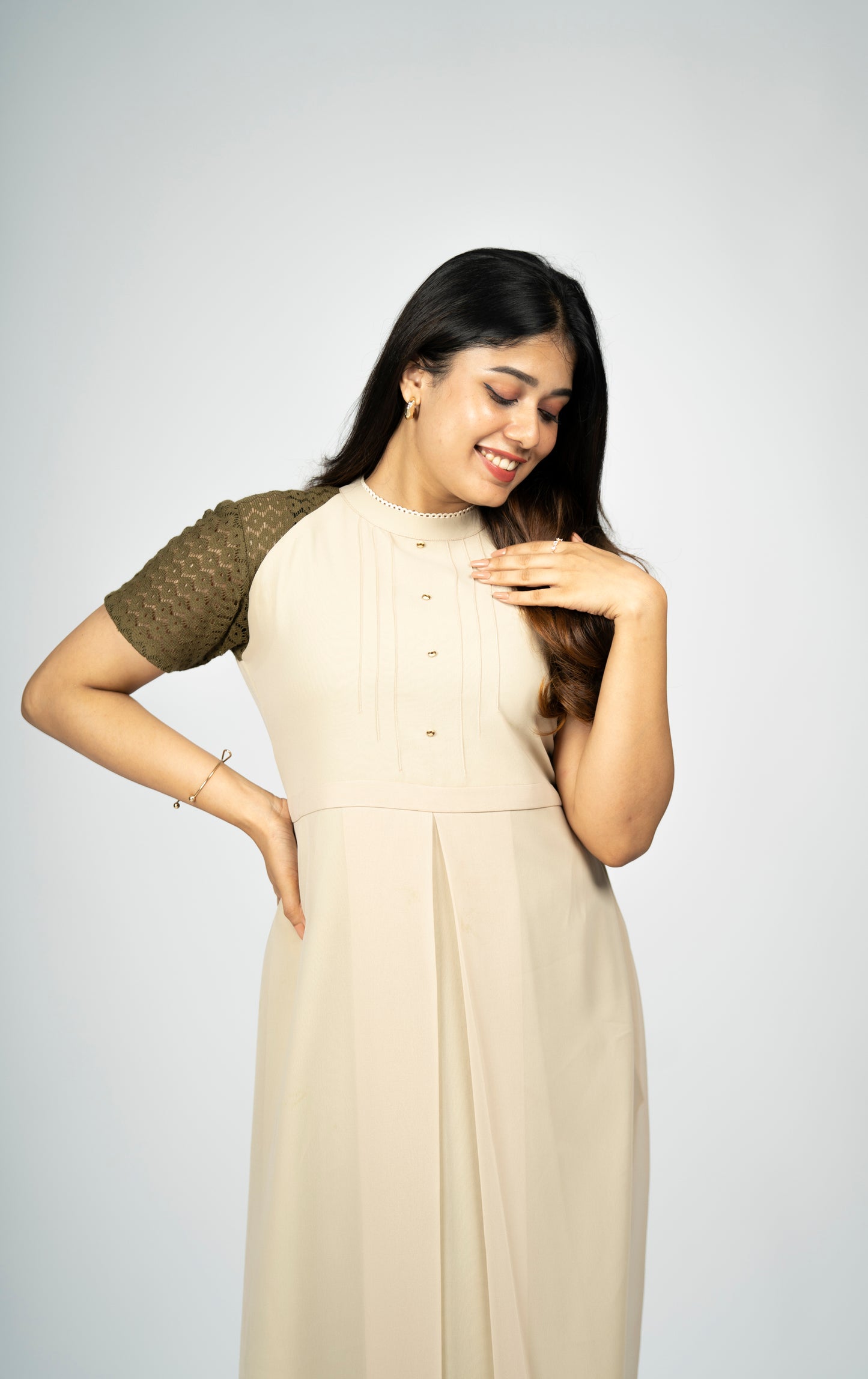 Western georgette dress/kurti in creamish beige shade highlighted with deep olive green lace fabric MBS-R134