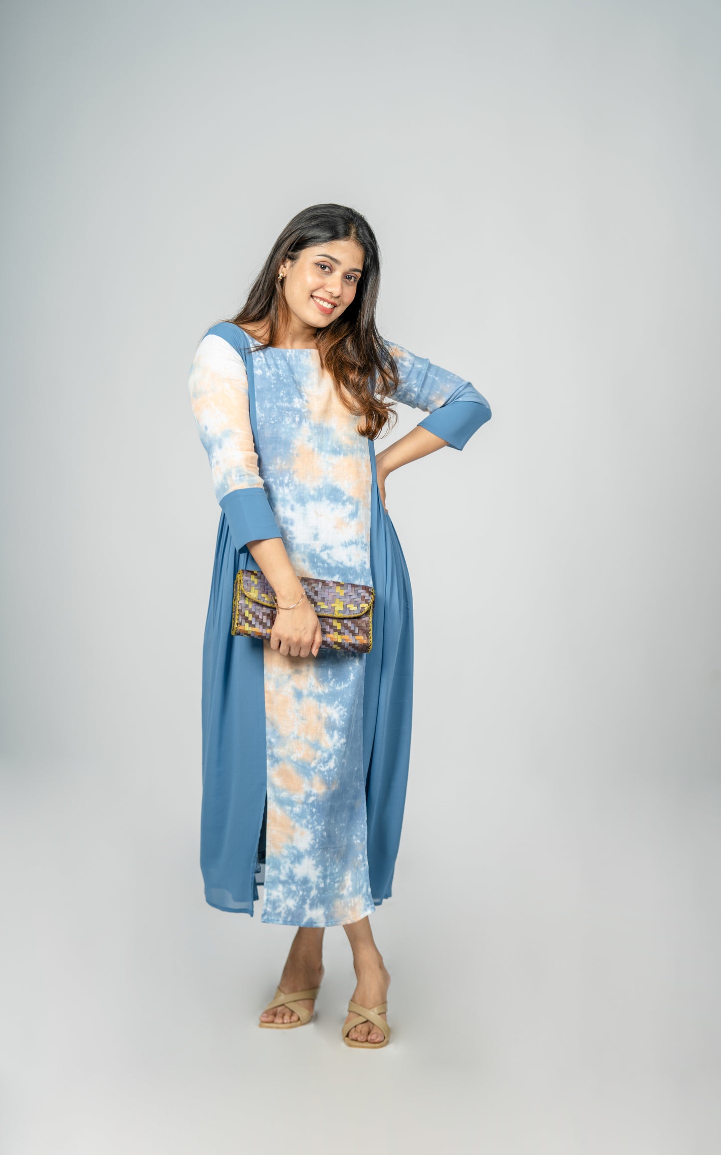 Teal blue georgette Aline kurti panelled with tie dye cotton fabric MBS R-141