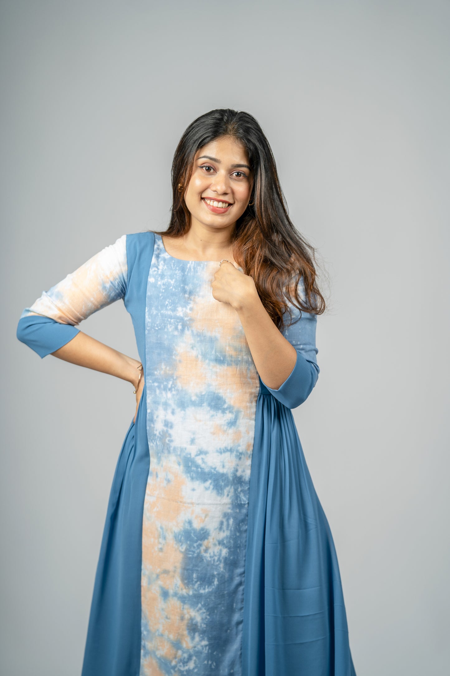Teal blue georgette Aline kurti panelled with tie dye cotton fabric MBS R-141
