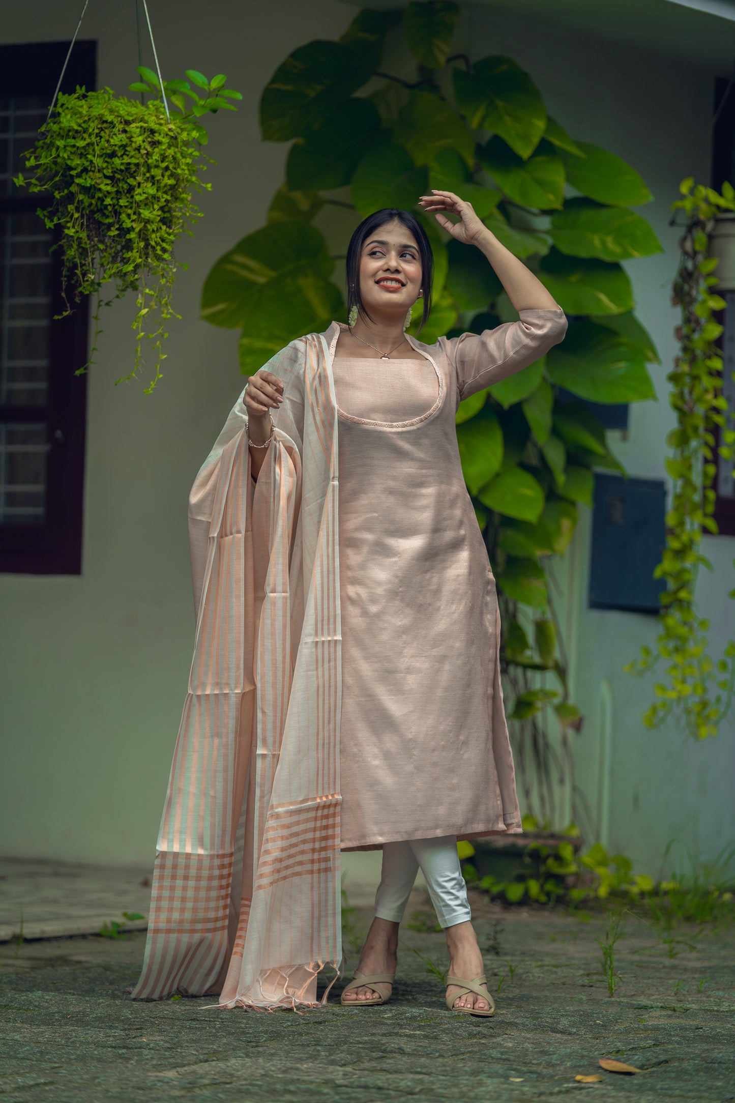 Onam special: slitted kurti with wide ambika collar in copper tissue fabric MBS-R134