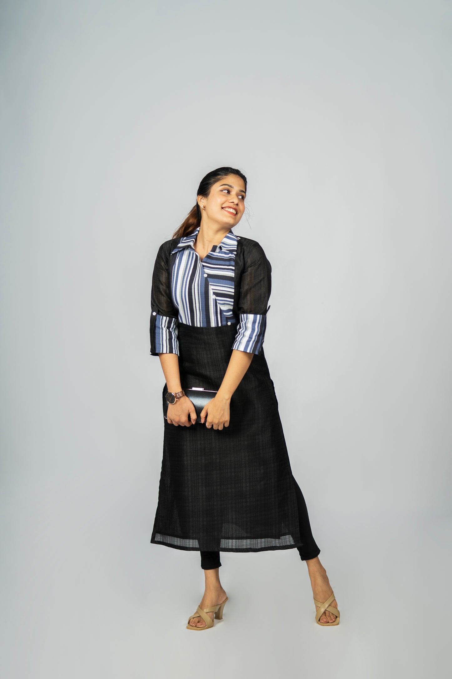 Black linen mix cotton kurti with stripped yoke and shirt collar MBS- R147 **Ready to dispatch**