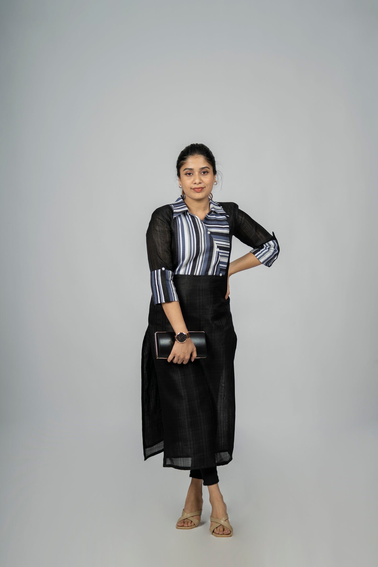 Black linen mix cotton kurti with stripped yoke and shirt collar MBS- R147 **Ready to dispatch**