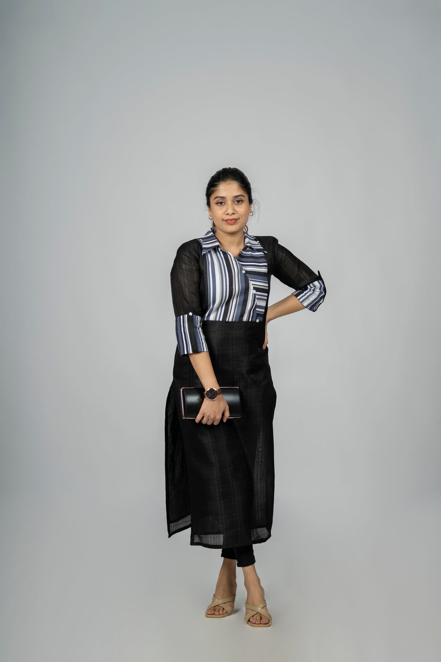 Black linen mix cotton kurti with stripped yoke and shirt collar MBS- R147