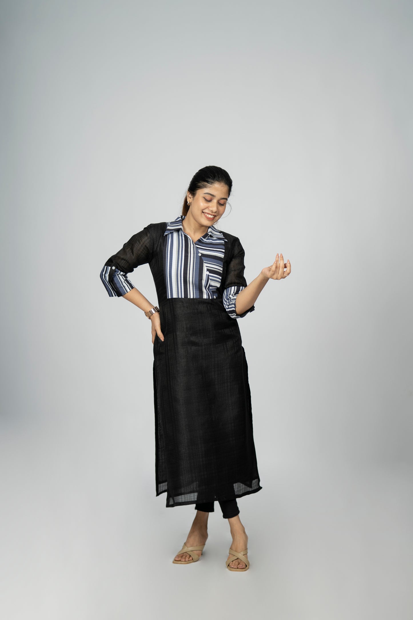 Black linen mix cotton kurti with stripped yoke and shirt collar MBS- R147 **Ready to dispatch**