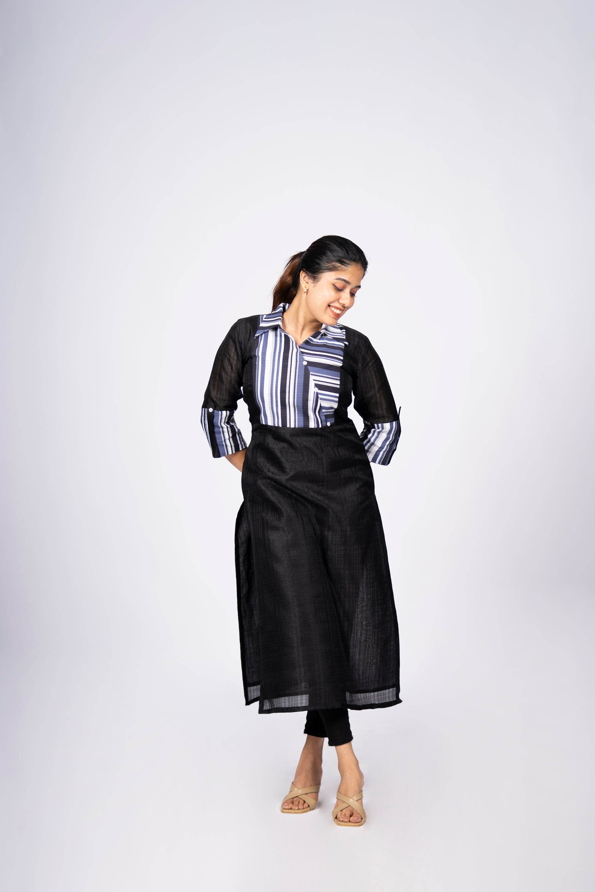 :Black linen mix cottan kurti with stripped yoke and shirt collar MBS ...