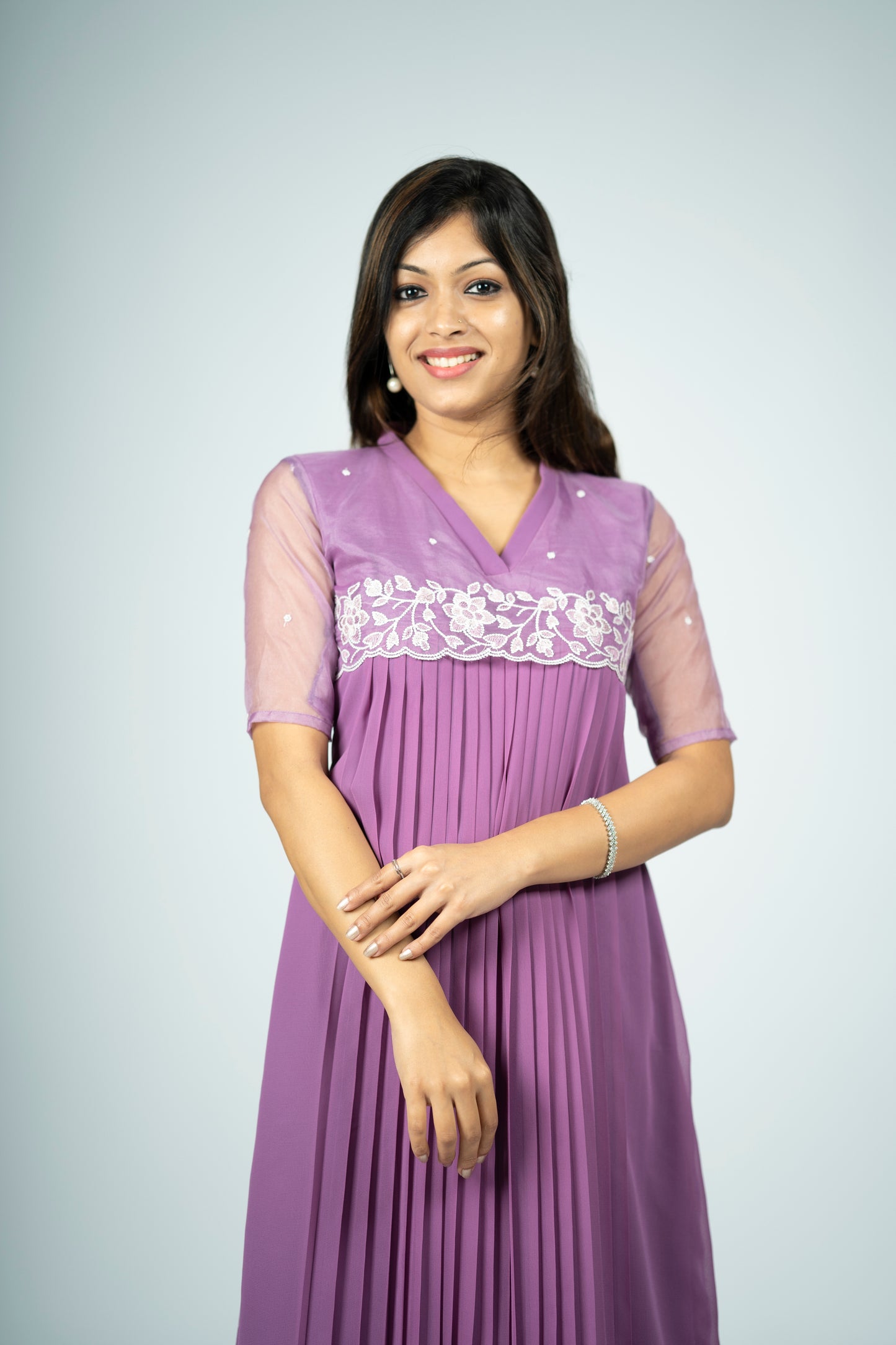 Lilac purple shaded georgette aline pleated kurti with scalloped organza yoke MBS-R169