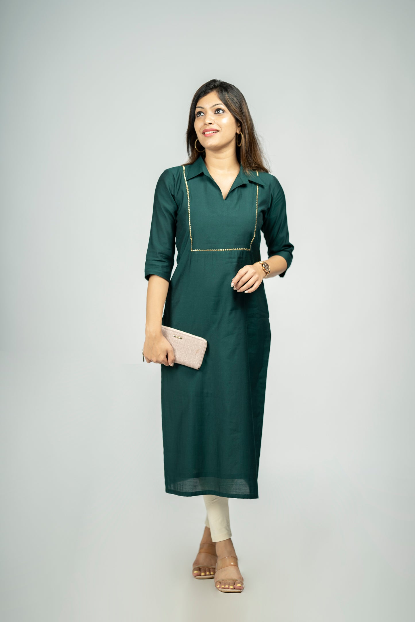 Bottle green shaded club cotton kurti highlighted with shirt collar and zari work MBS-R173
