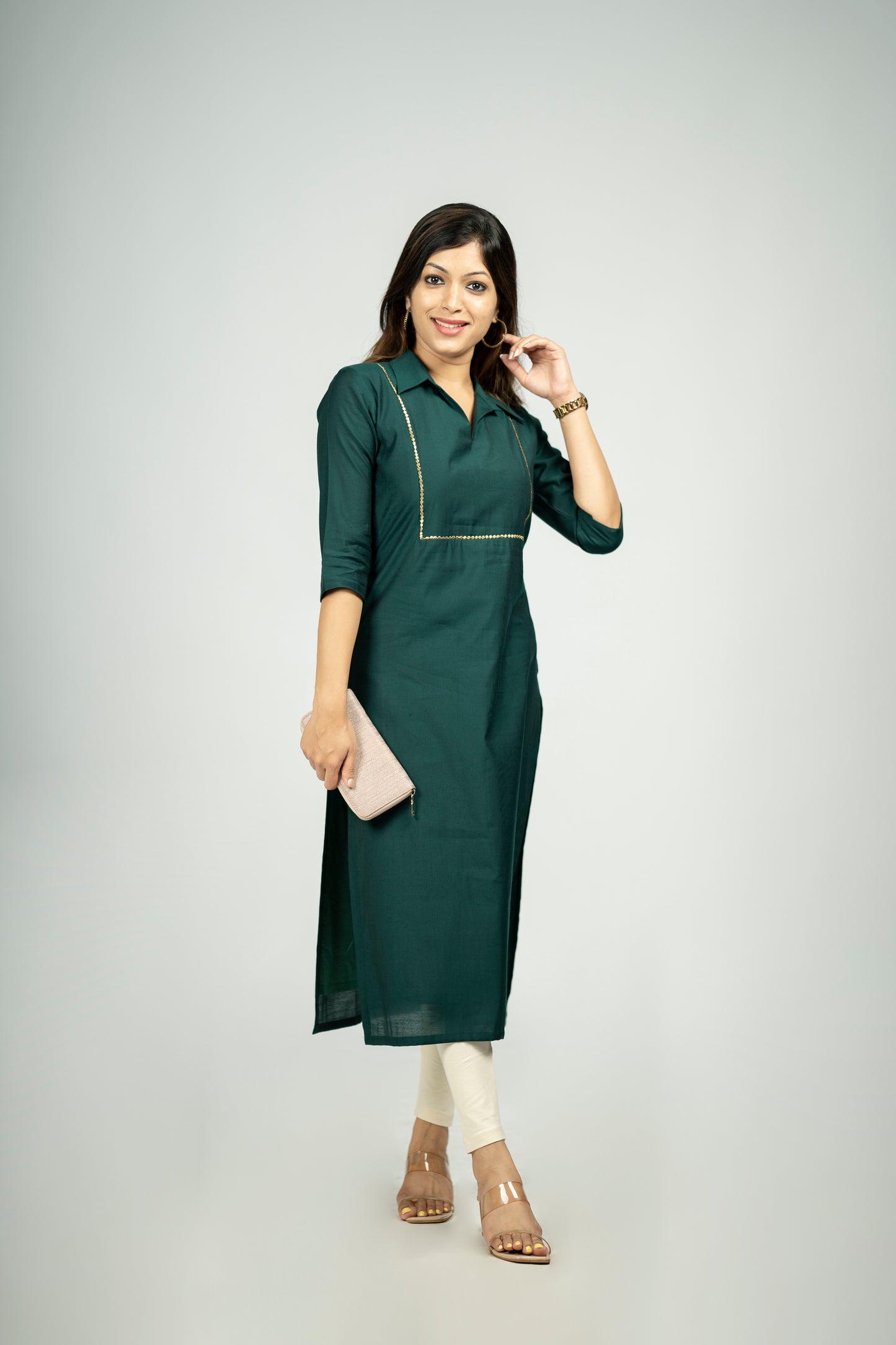 Bottle green shaded club cotton kurti highlighted with shirt collar and zari work MBS-R173