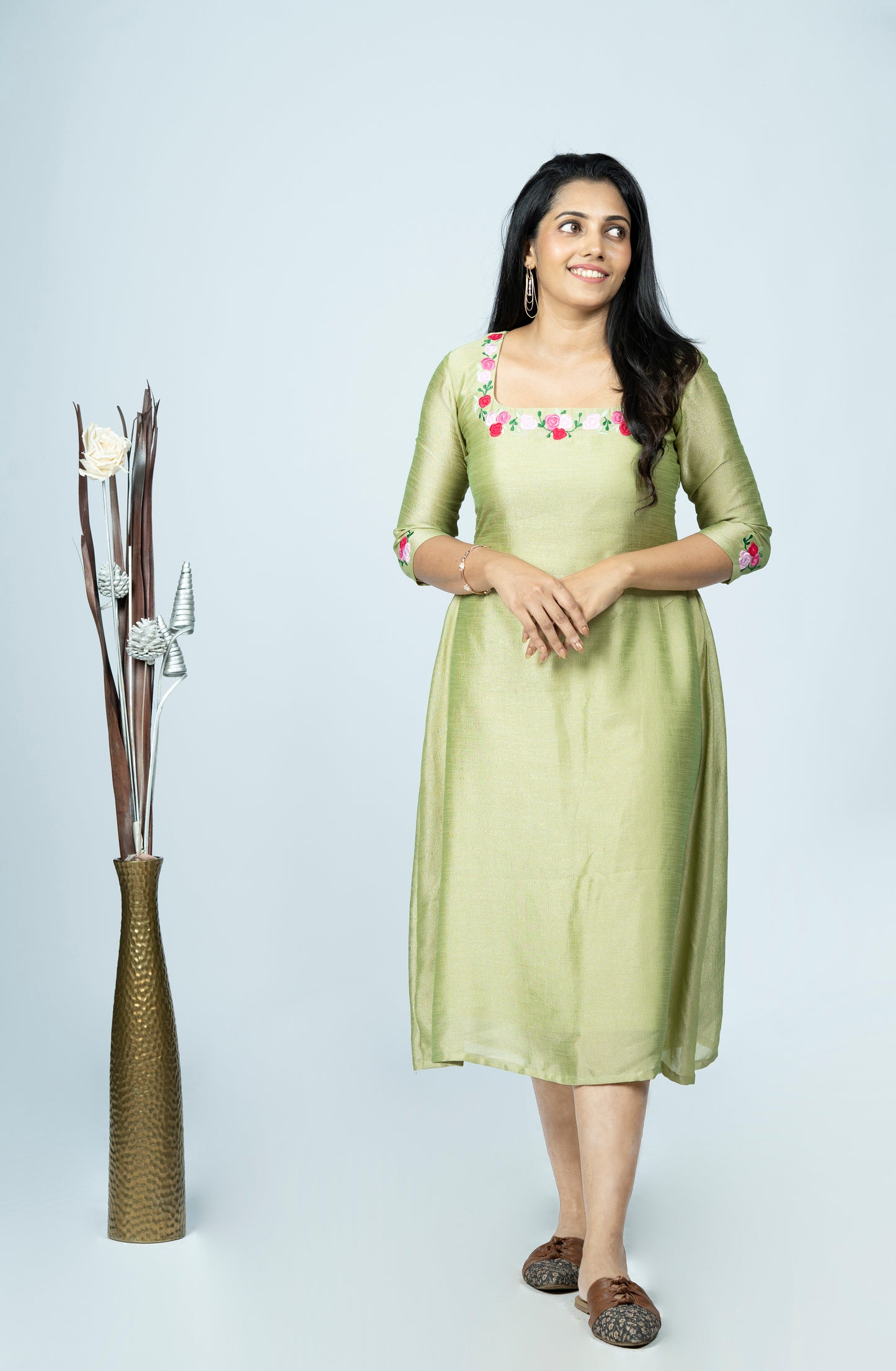 Pista shaded badri silk A-line kurti with floral embroidery neck and sleeves MBS-R161