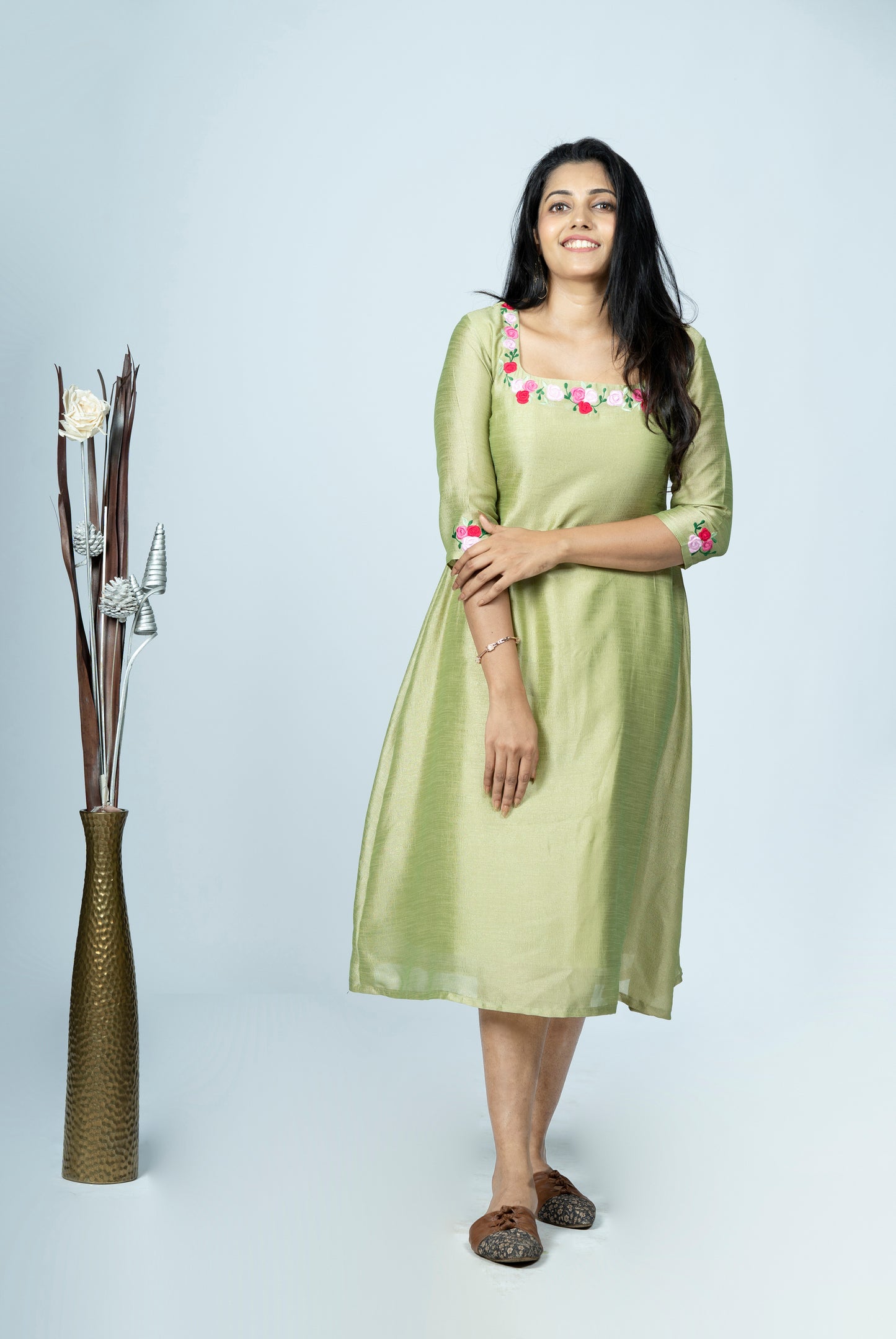 Pista shaded badri silk A-line kurti with floral embroidery neck and sleeves MBS-R161