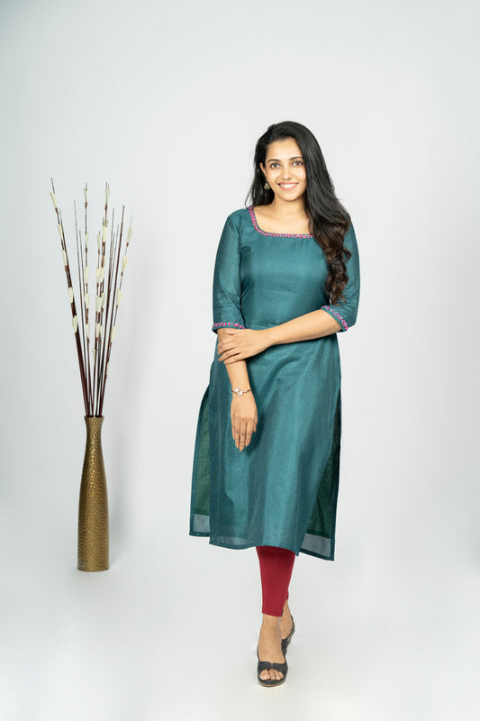 Dori silk bottle green shaded kurti with frenchknot hand embroidery on neck and sleeves MBS-R198