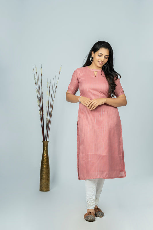 Self lined slub cotton lining kurti with keyhole in neck and sleeves  MBS-R196