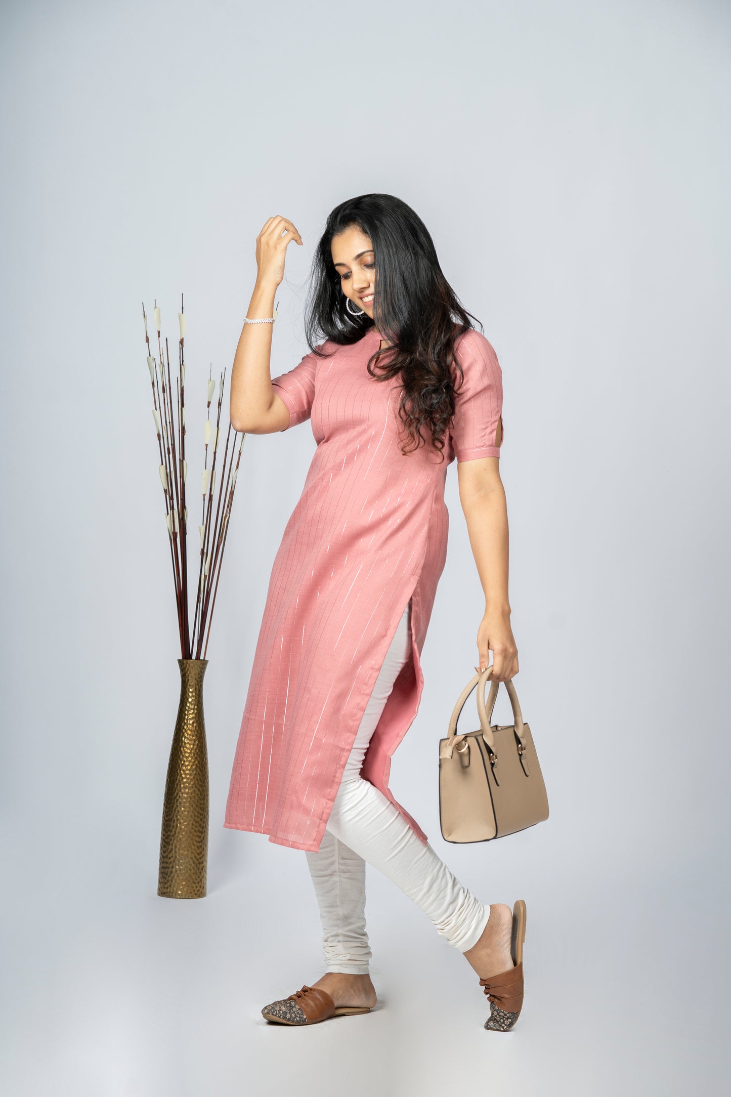 Self lined slub cotton lining kurti with keyhole in neck and sleeves  MBS-R196