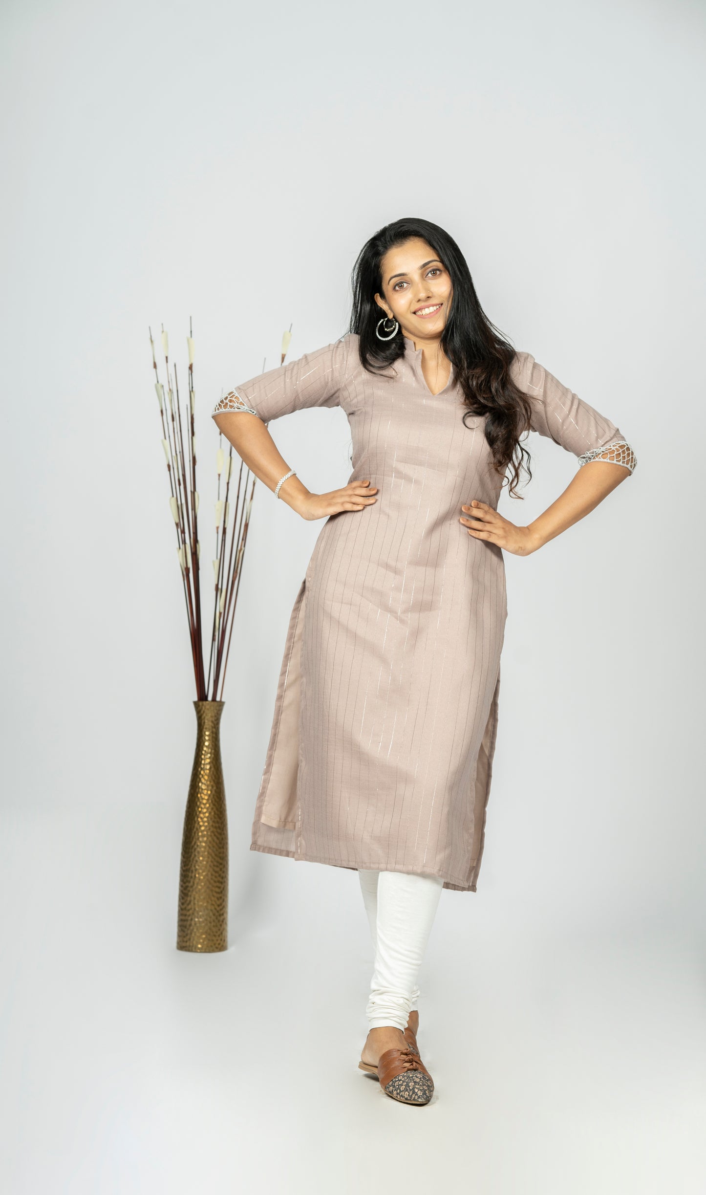 Self lined slub cotton lining kurti with cutwork sleeves MBS-R197