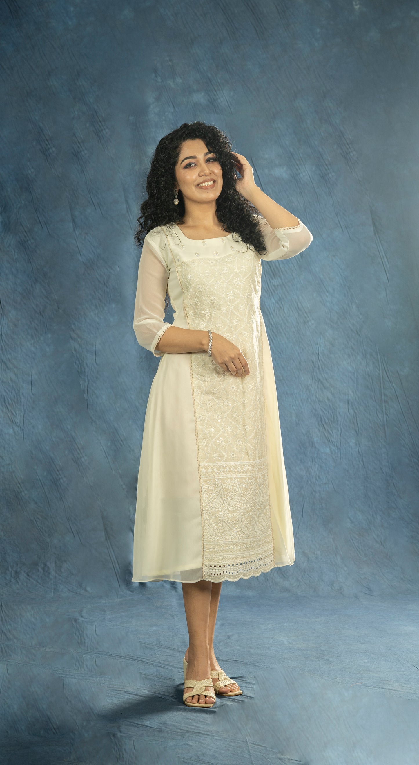 Off-white georgette A-line kurti with handworked neck and chikenkari panel with crochet lace detailing MBS-R199