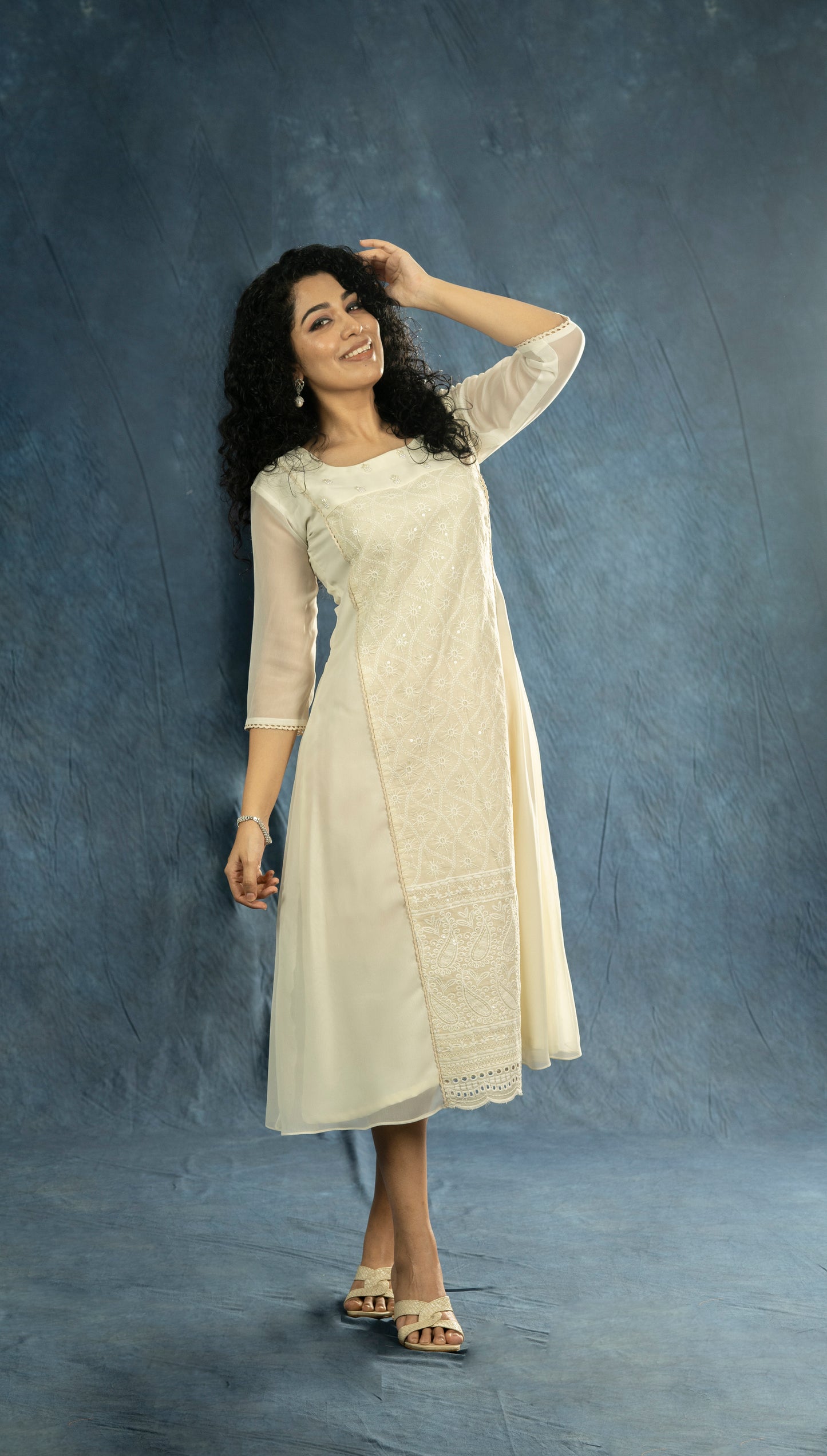 Off-white georgette A-line kurti with handworked neck and chikenkari panel with crochet lace detailing MBS-R199