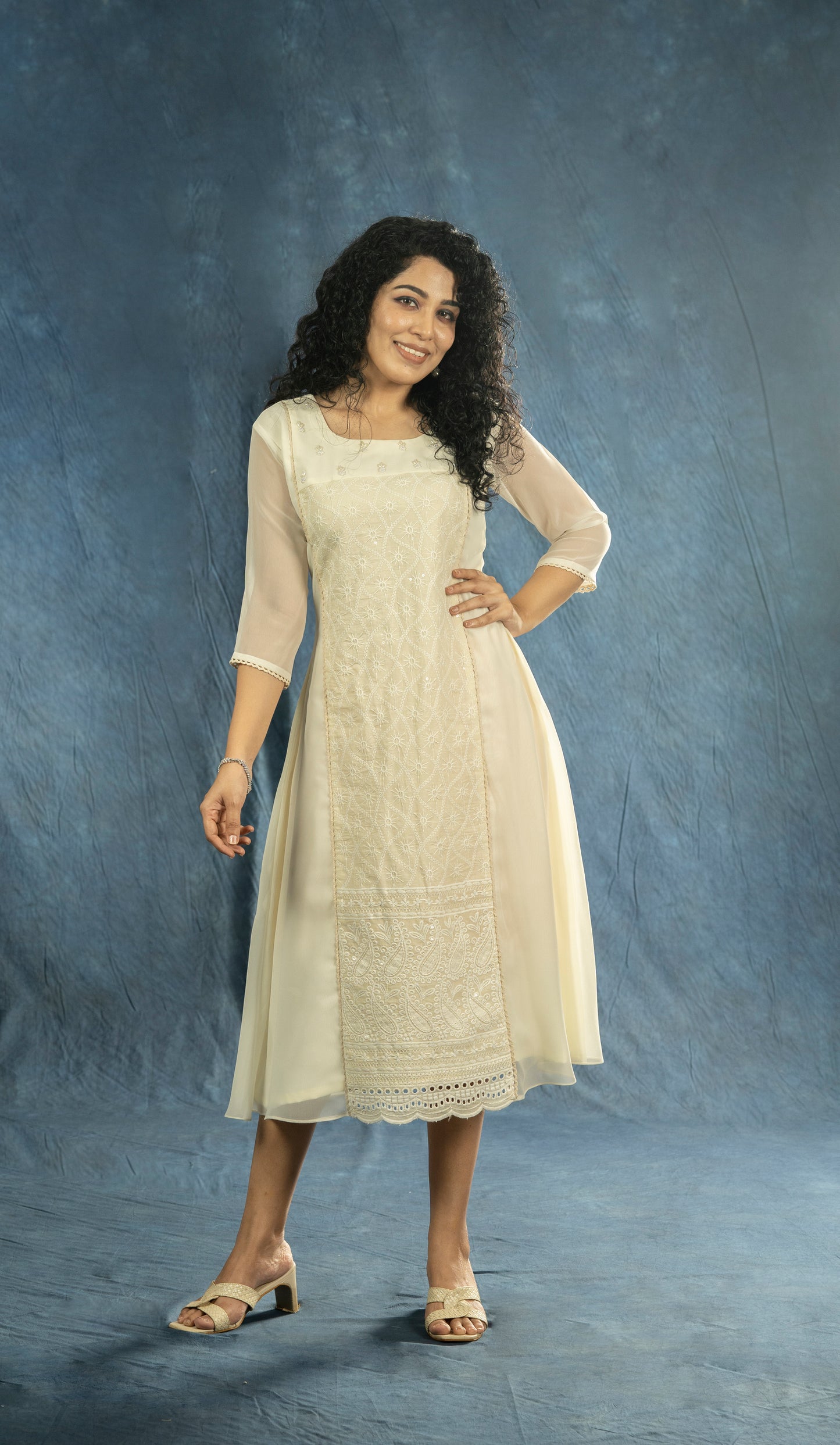 Off-white georgette A-line kurti with handworked neck and chikenkari panel with crochet lace detailing MBS-R199