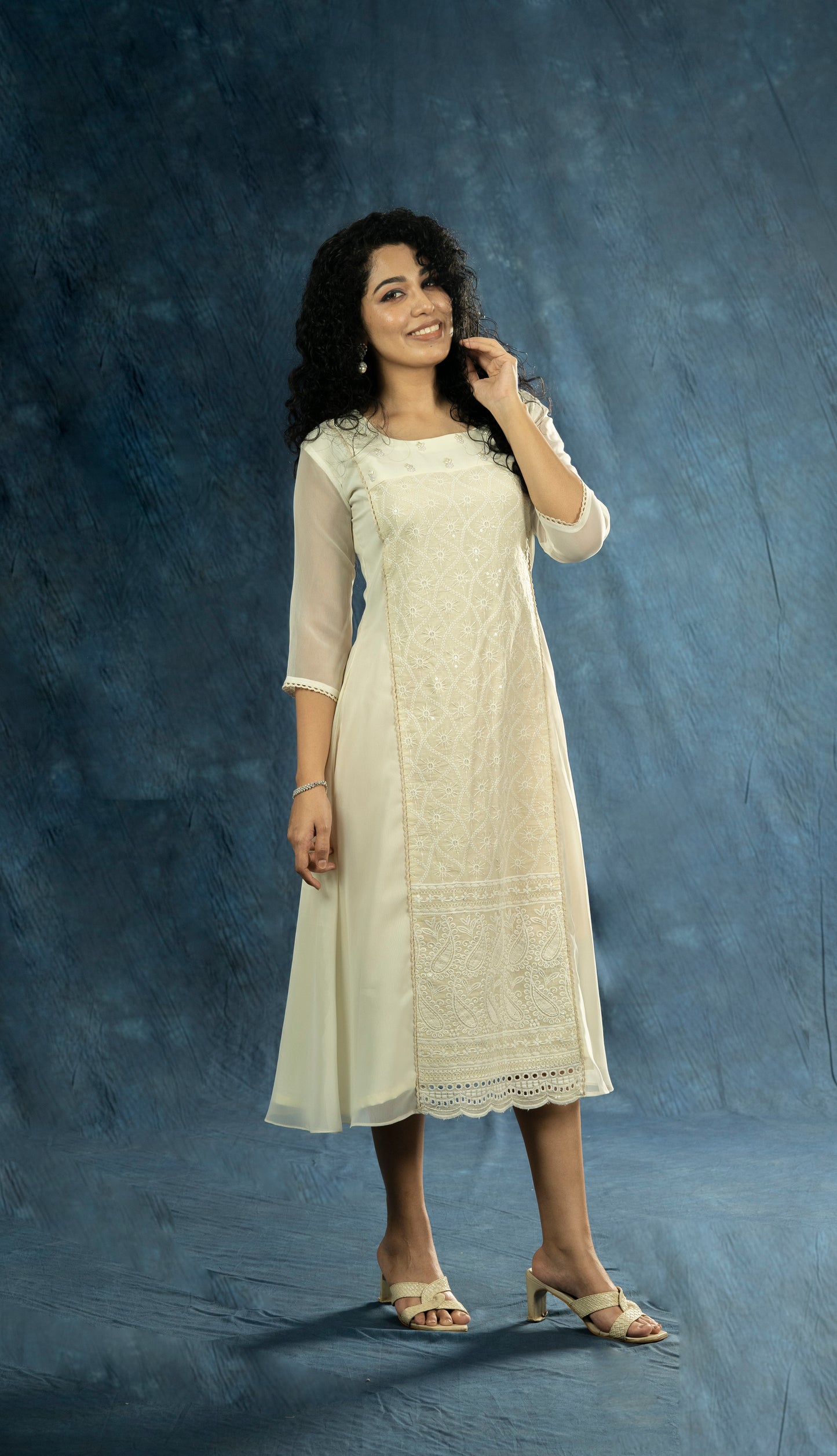 Off-white georgette A-line kurti with handworked neck and chikenkari panel with crochet lace detailing MBS-R199