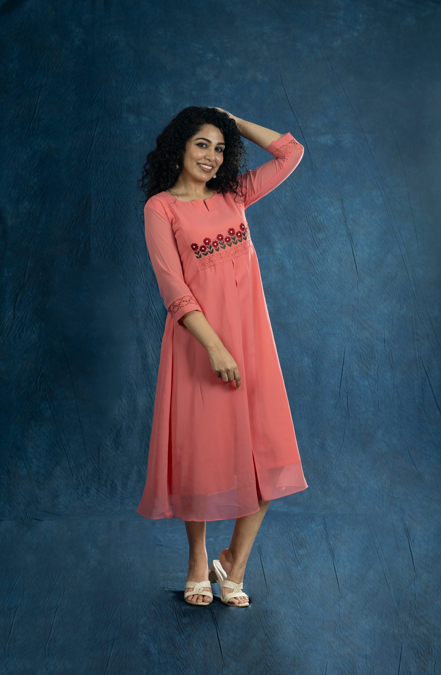 Flared Blush Pink Georgette Embroidered Long Kurti | Vamikaa-4003 |  Cilory.com