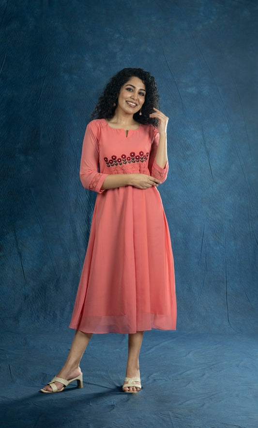 Peach pink georgette A-line kurti with floral embroidered and crochet lace yoke MBS-R209