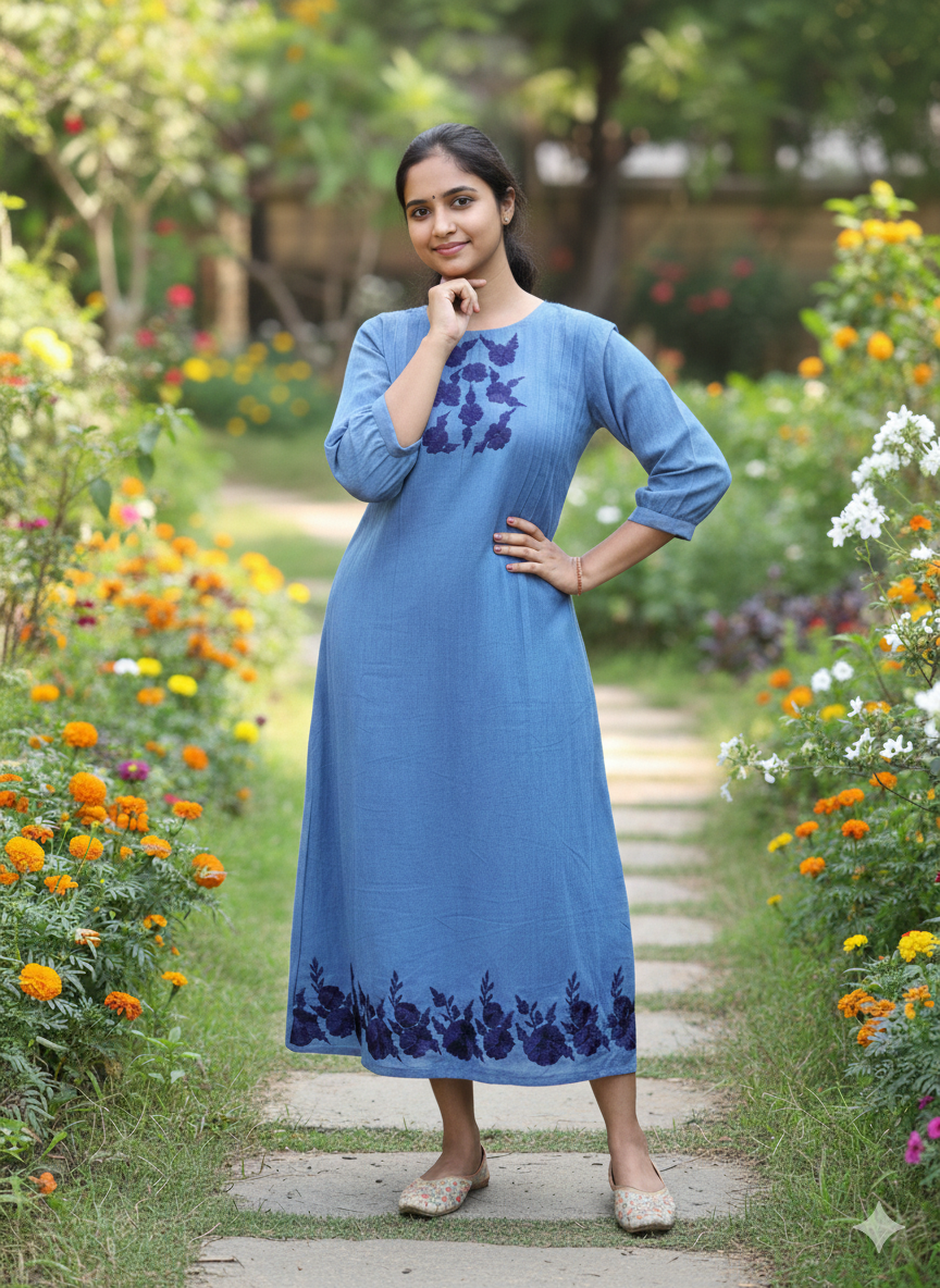 Denim shaded flex cotton Aline kurti/dress with floral embroidered yoke and hemline with pintuck detailing in yoke MBS-782