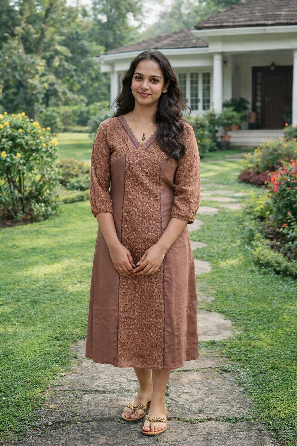 Chocolate shaded flex cotton kurti/dress detailed with hacoba and lace MBS-771