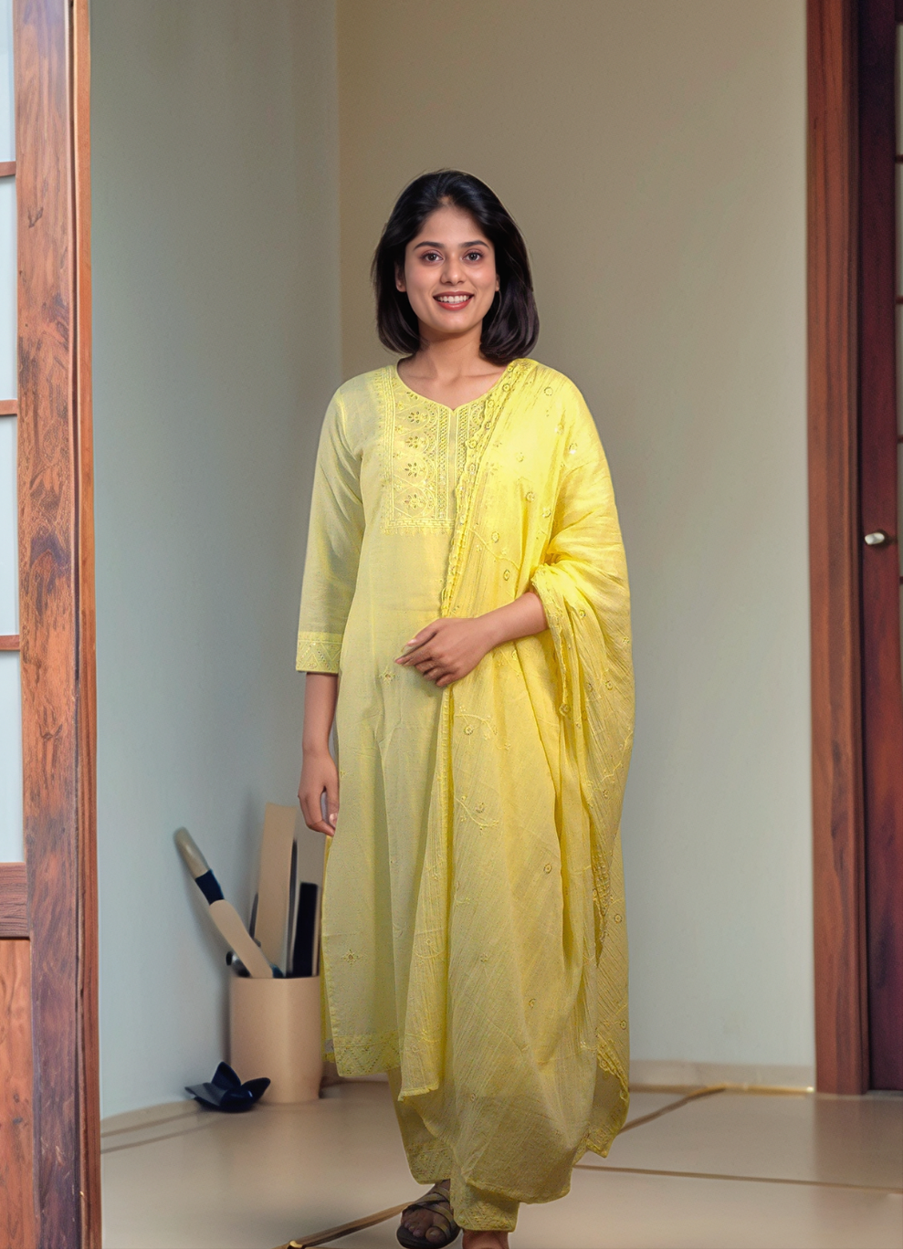 Yellow cotton straight cut kurti with top and dupatta MBS-526 **ready to dispatch**