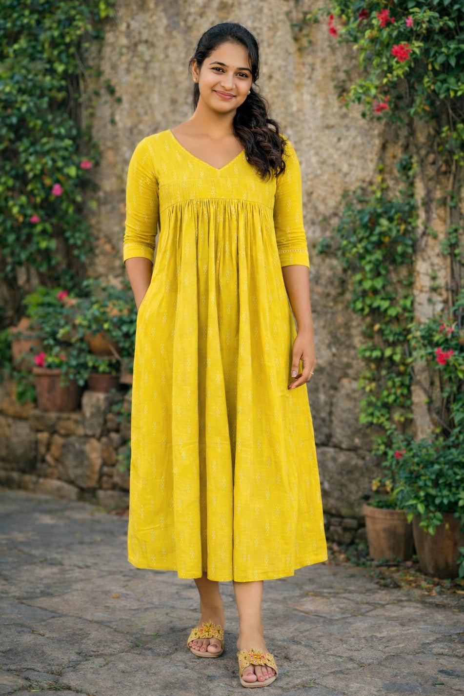 Yellow shaded slub cotton kurti with anchor thread detailed neck and pintucked yoke  MBS-786 **ready to dispatch**