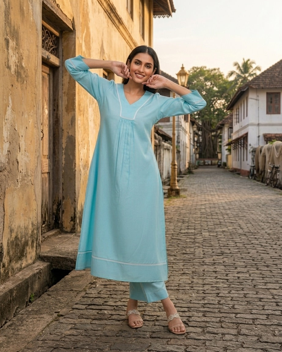 Cyan blue shaded slub cotton kurti with lace detailing and gathers MBS-837 **Ready to dispatch** (TOP ONLY)