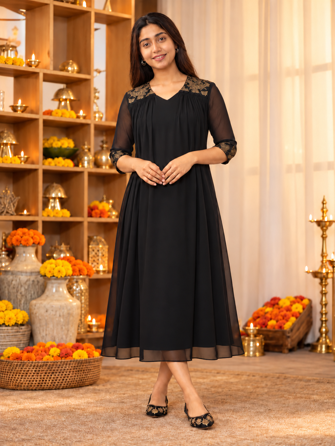 Black shaded georgette Aline kurti with brocade upper yoke MBS-1552 **Ready to dispatch**