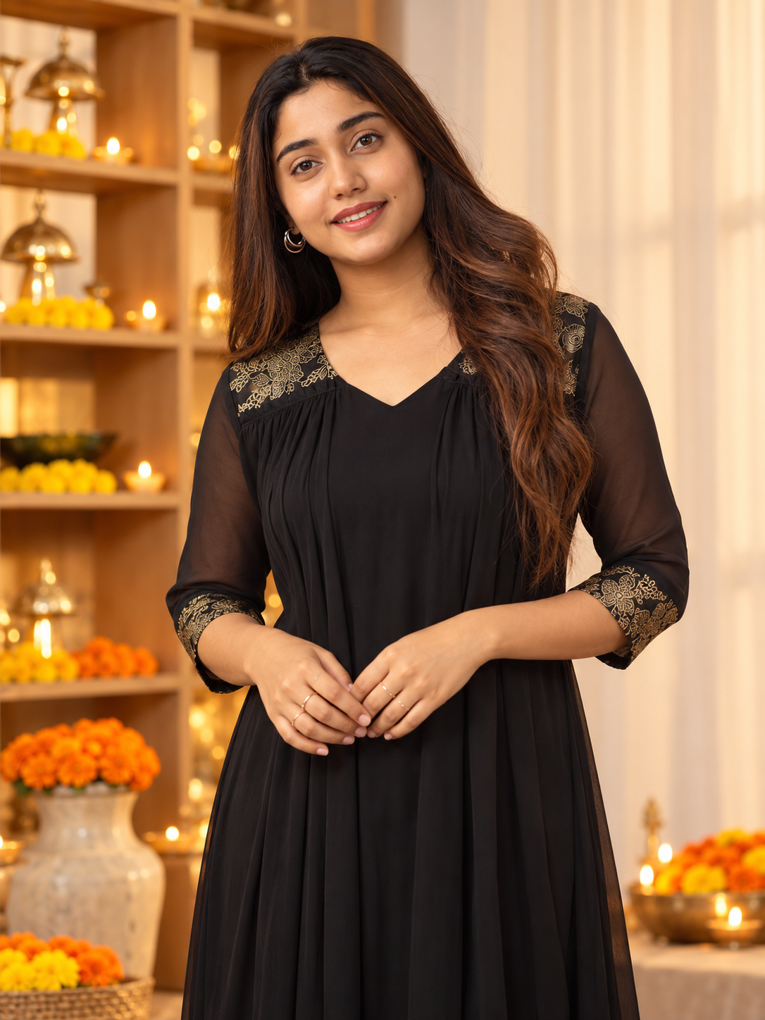 Black shaded georgette Aline kurti with brocade upper yoke MBS-1552 **Ready to dispatch**