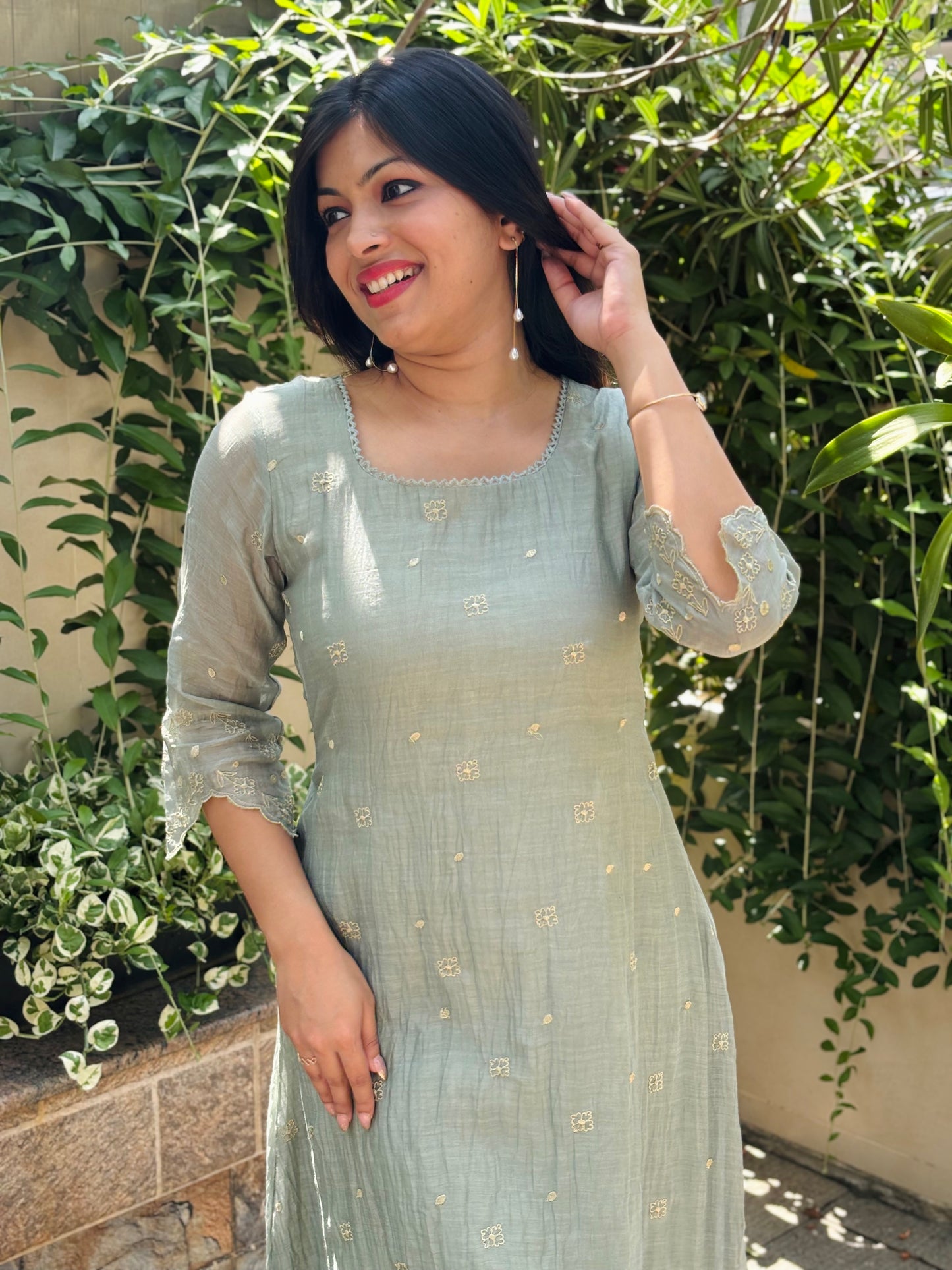 Pastel green Shaded soft mul chanderi Aline kurti/dress with floral thread embroidery detailings and scallopped hemline and sleeves MBS-1234