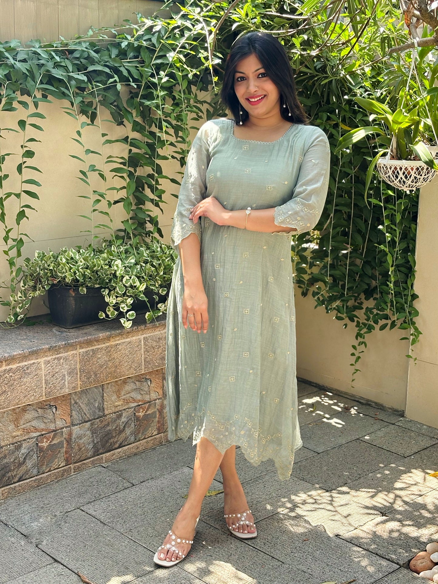 Pastel green Shaded soft mul chanderi Aline kurti/dress with floral thread embroidery detailings and scallopped hemline and sleeves MBS-1234